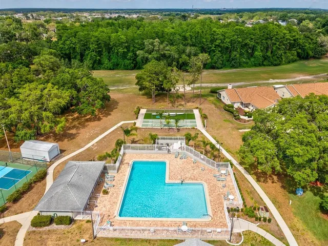 a view of a swimming pool with a yard