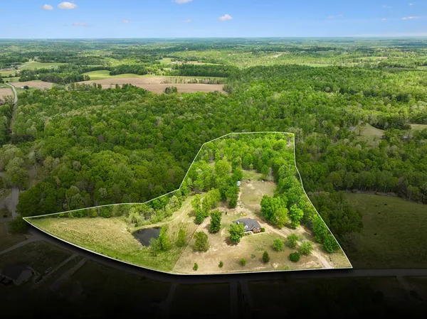 an aerial view of residential houses with outdoor space and trees