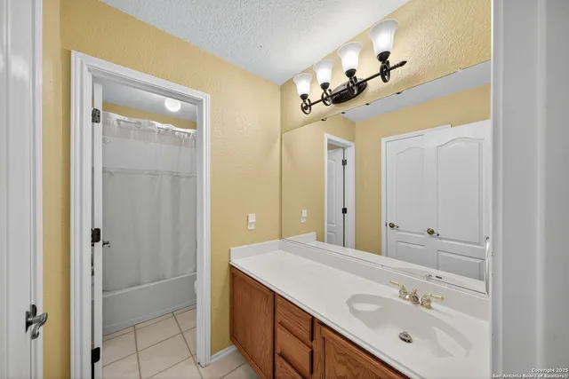 a bathroom with a sink a mirror and a shower