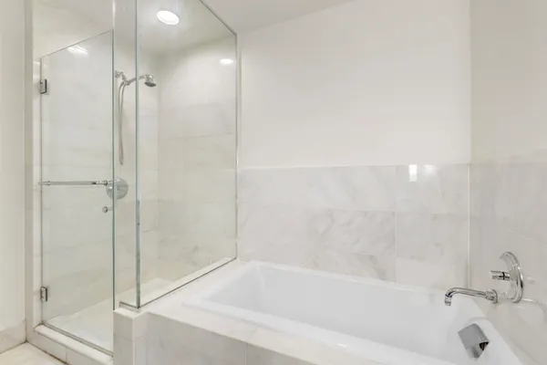a bathroom with a bathtub and a shower
