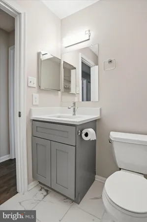a bathroom with a toilet sink vanity and mirror