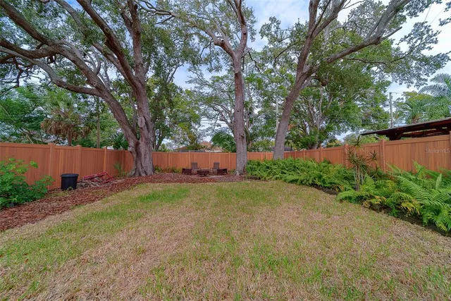 a view of a backyard with table and chairs potted plants and large tree