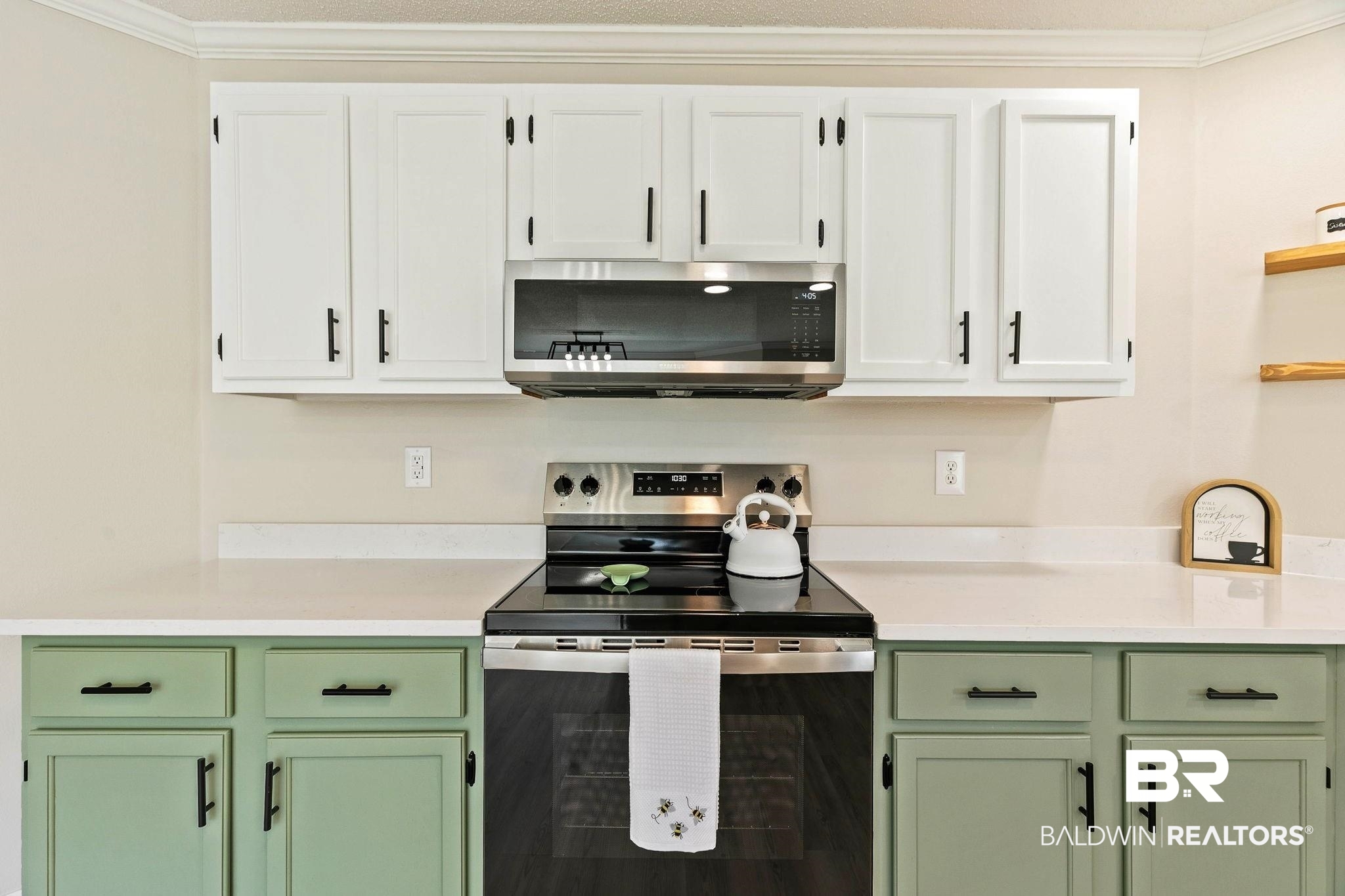 35650 Spring Road North Stapleton, AL 36578 - Photo 12 of 70 Kitchen featuring green cabinetry, stainless steel appliances, white cabinets, light stone countertops, and crown molding