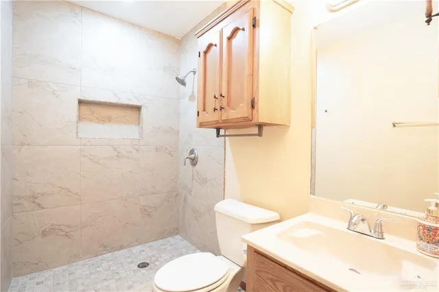 a bathroom with a sink toilet and mirror