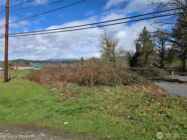 a view of a yard with a street sign on the wall