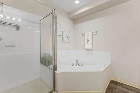 a bathroom with a bathtub and a shower