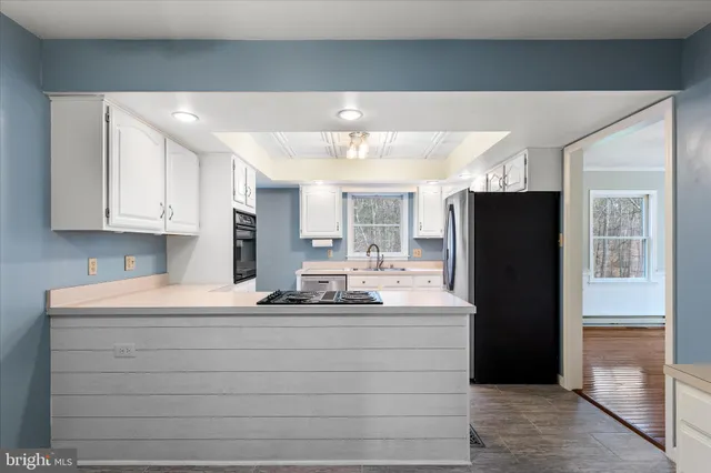 a view of kitchen with refrigerator microwave and cabinets