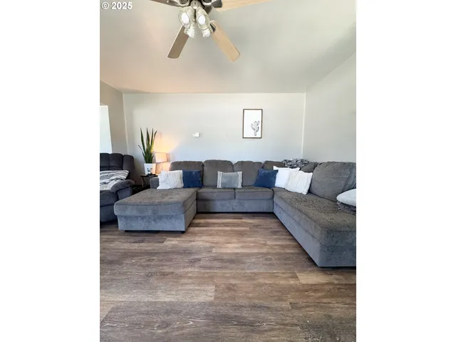 a living room with furniture and a potted plant