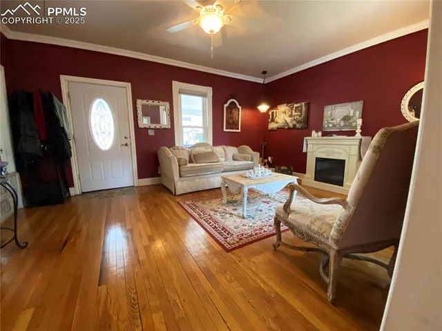 a living room with furniture and a fireplace