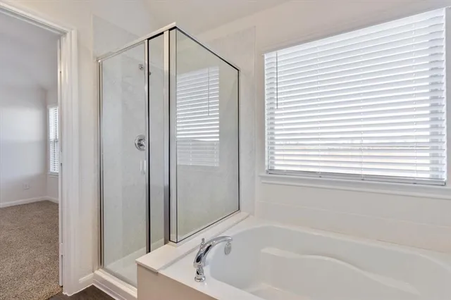 a bathroom with a bathtub and a shower