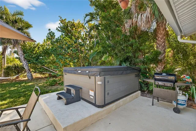 a view of a chairs and table in the backyard