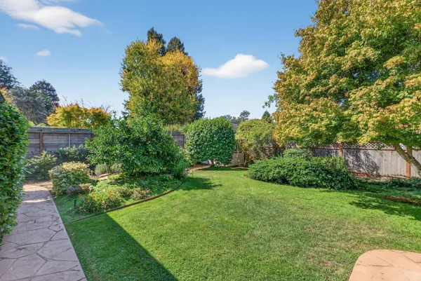 a view of a garden with a fountain