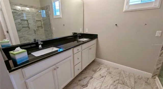 a bathroom with a sink and a mirror