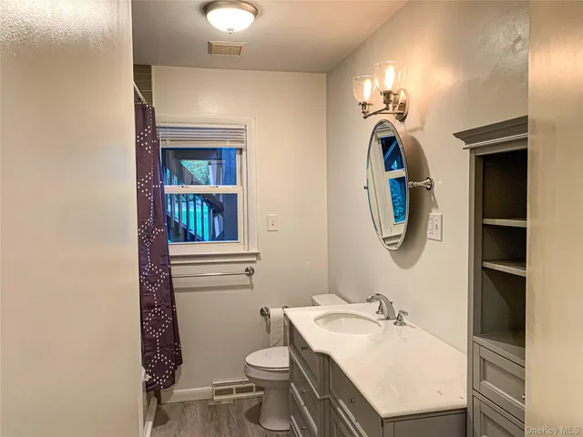 a bathroom with a sink a toilet and a mirror