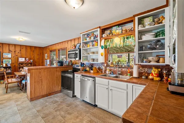 a kitchen with lots of counter top space