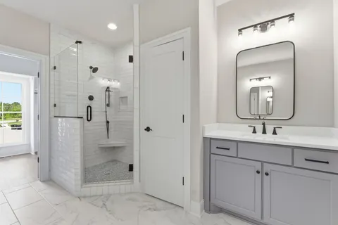 a bathroom with a double vanity sink mirror and shower