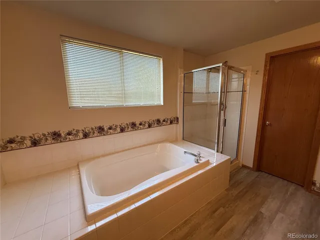 a bathroom with a bathtub and a shower
