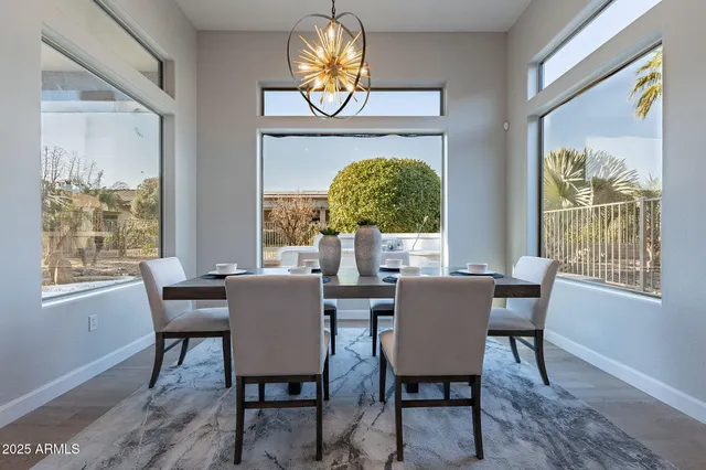 a view of a dining room with furniture