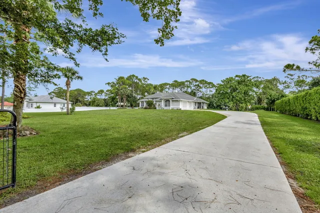 a view of a park with large trees