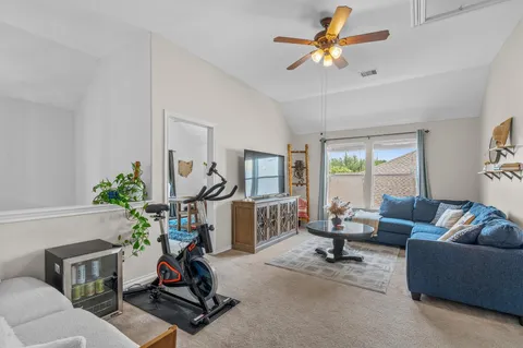 a living room with furniture and a potted plant