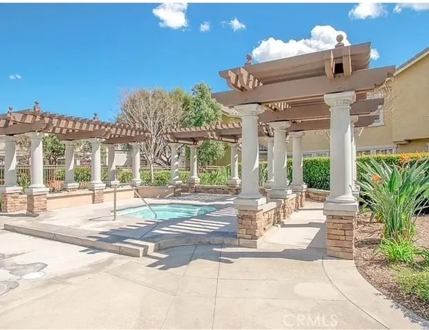 a building exterior with furniture