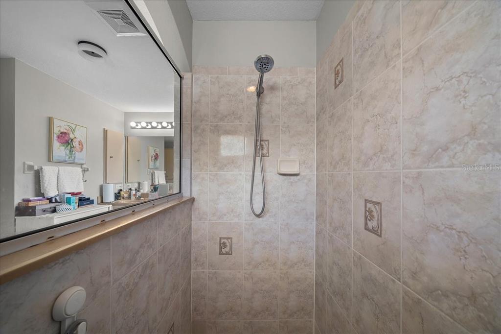 4997 Southwest 107th Loop Ocala, FL 34476 - Photo 25 of 48 a bathroom with a granite countertop sink a mirror and shower