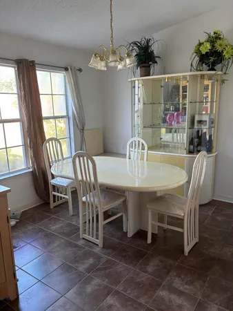 a view of a dining room with furniture window and outside view