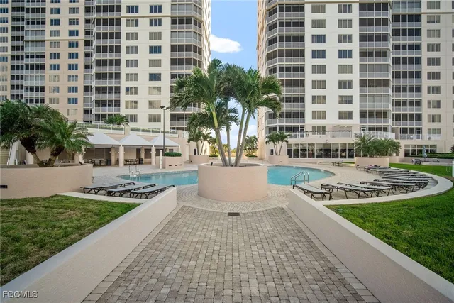 a view of a building with a patio
