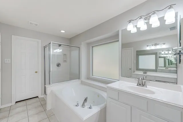 a bathroom with a sink a large mirror and a shower