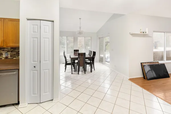 a view of a dining room with furniture