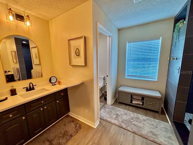 a bathroom with a sink a toilet and mirror