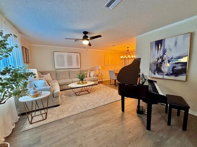 a living room with furniture and a potted plant