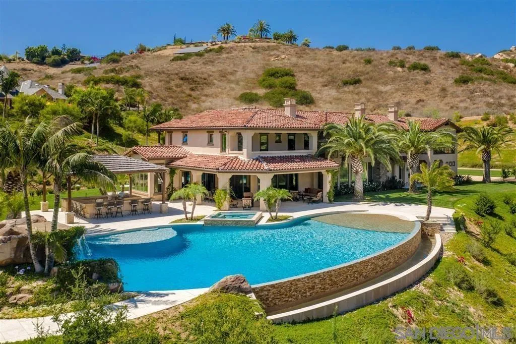 an aerial view of a house with swimming pool garden and patio