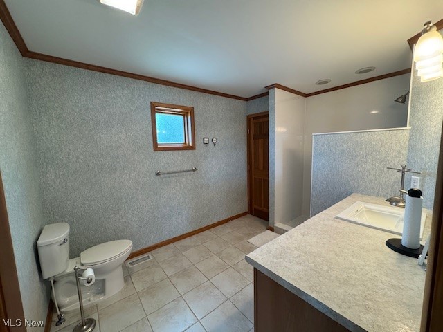 38332 Beachview Road Willoughby, OH 44094 - Photo 36 of 42 Bathroom featuring crown molding, vanity, a shower, and linen closet