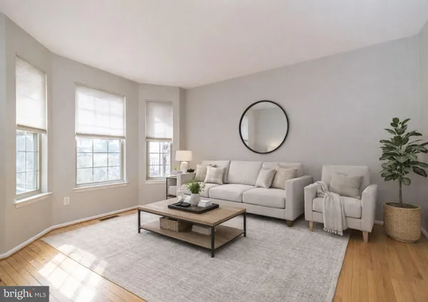 a living room with furniture and a potted plant next to a window