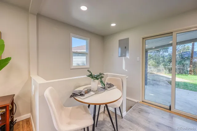 a view of a dining room with furniture window and wooden floor