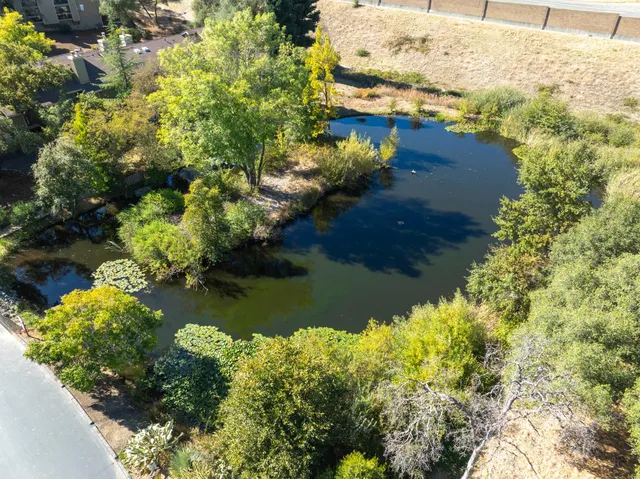 an aerial view of residential houses with outdoor space and trees