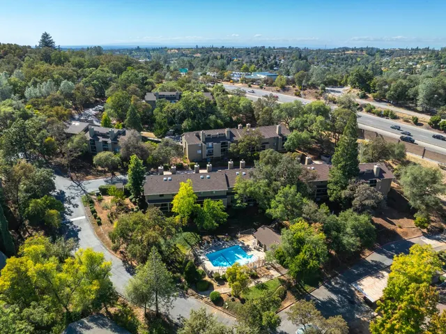 a view of a garden with a building in the background