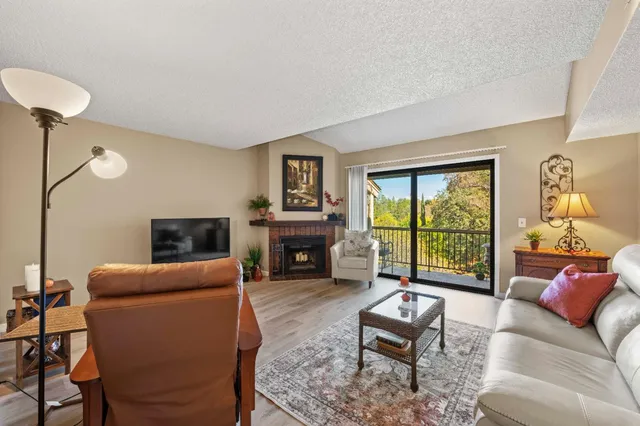 a living room with furniture a fireplace and a floor to ceiling window