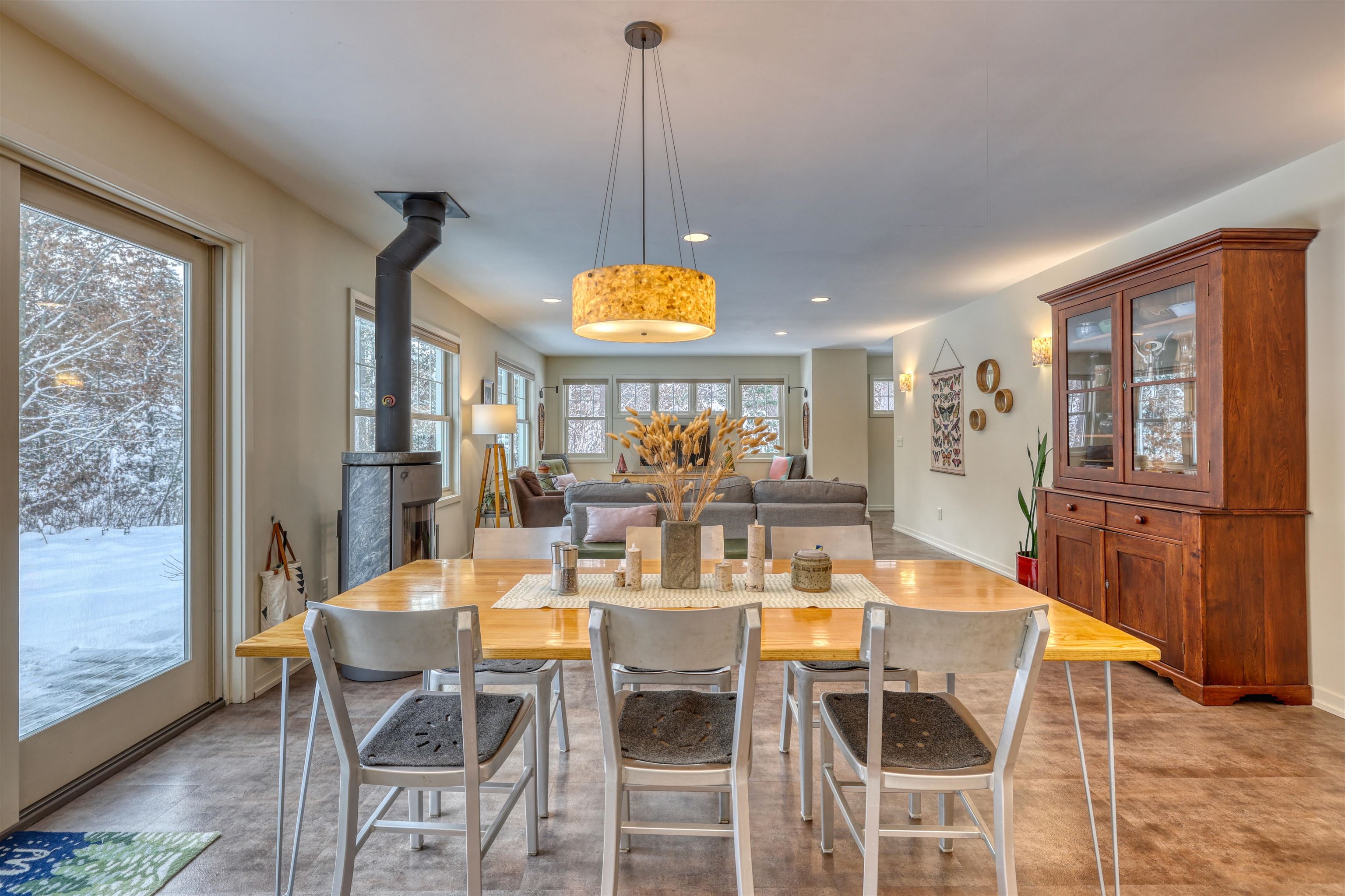 8056 North North Road Springbrook, WI 54875 - Photo 18 of 65 Dining room featuring a wood stove and recessed lighting