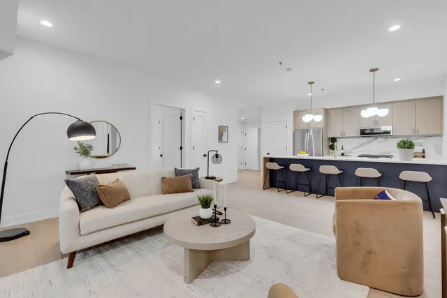 a living room with furniture and a potted plant