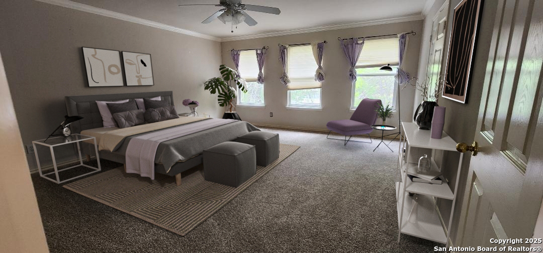 9318 Grand Cedar Helotes, TX 78023 - Photo 3 of 32 a bedroom with a large bed and a chandelier