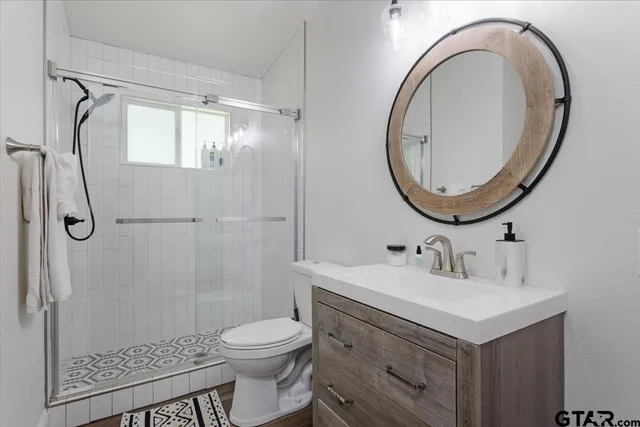 a bathroom with a sink a toilet and a mirror