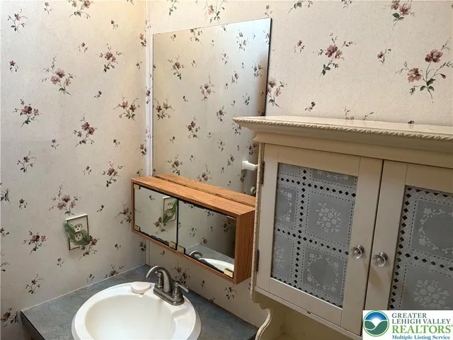 a bathroom with a sink a mirror and shower