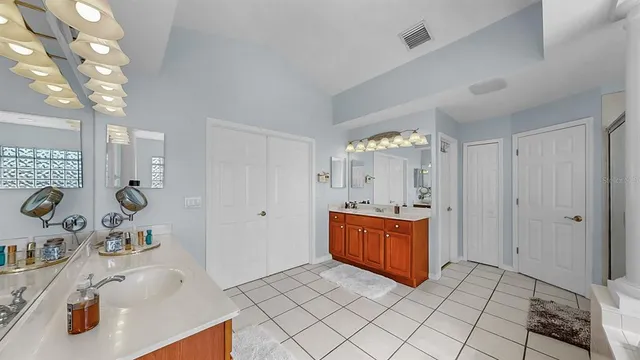 a bathroom with a sink a mirror and a shower