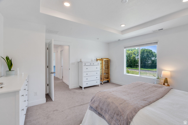 646 South Meade Street Mapleton, UT 84664 - Photo 23 of 46 Recessed lighting in a tray ceiling, expansive window, neutral tone carpeting, and solid core doors