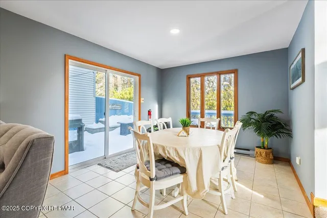 a view of a dining room with furniture window and outside view