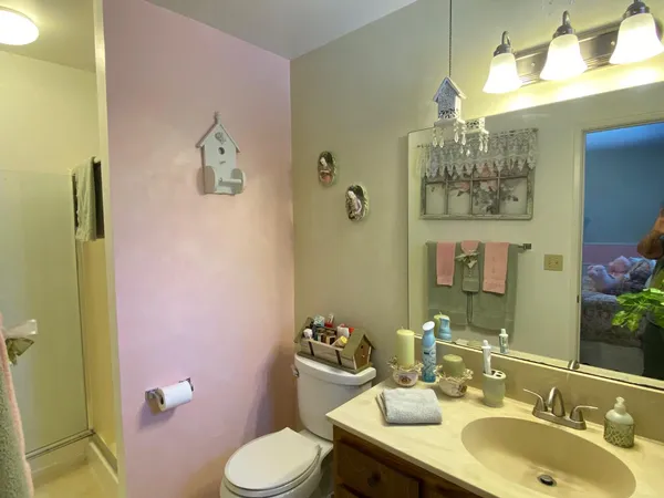 a bathroom with a granite countertop toilet sink and mirror