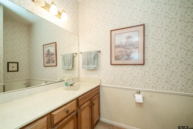 a bathroom with a sink mirror and a shower