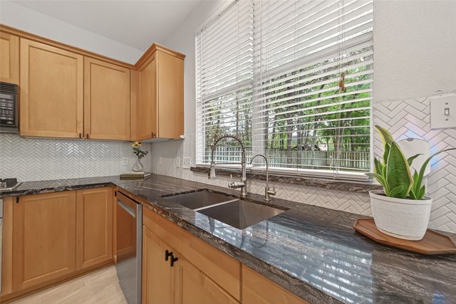 a kitchen with a sink a counter and a potted plant